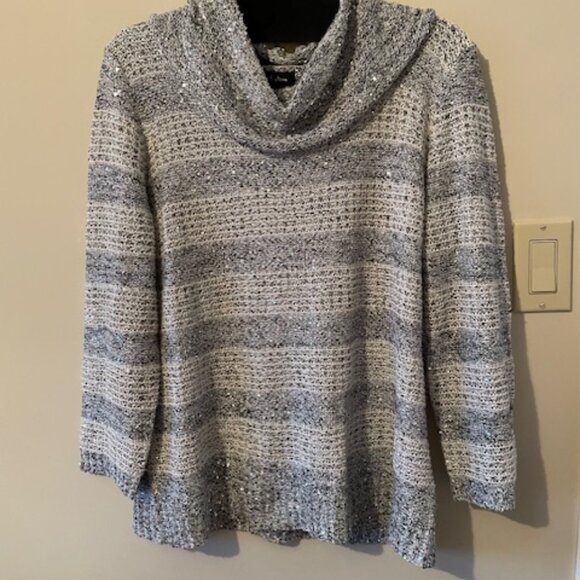 Nue Options White/Grey wTiny Sparkling Silver Discs Sweater Cowl Collar Sz XL - Picture 7 of 11